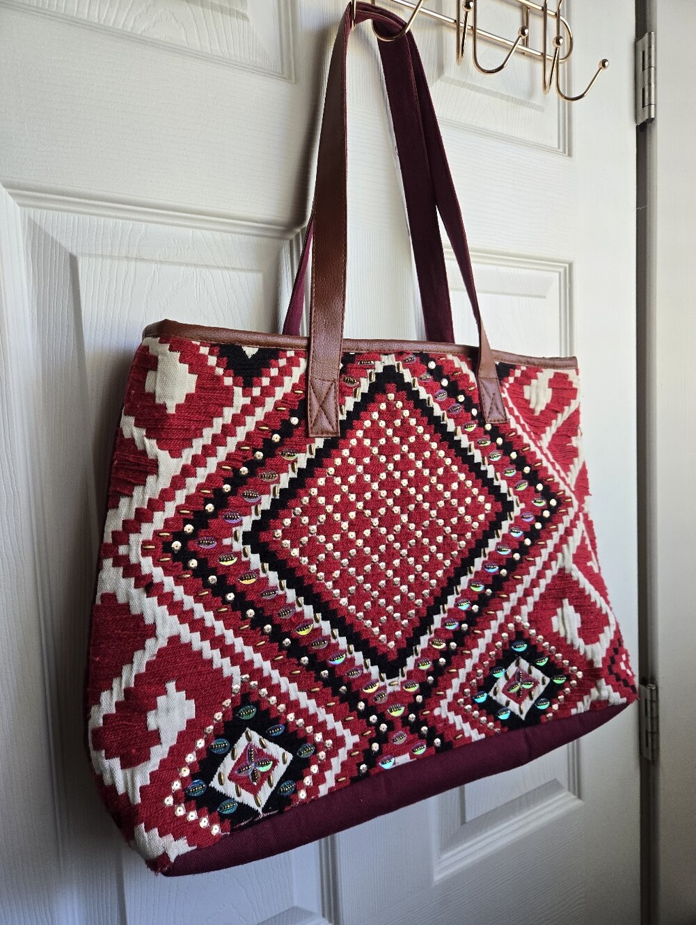 Wayan Bohemian Red Embellished Tote Bag with Leather Straps